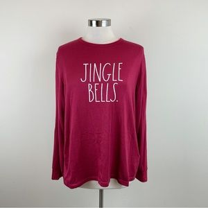 Rae Dunn Solid Red Jingle Bells Holiday Christmas Long Sleeve Pajama Top Shirt